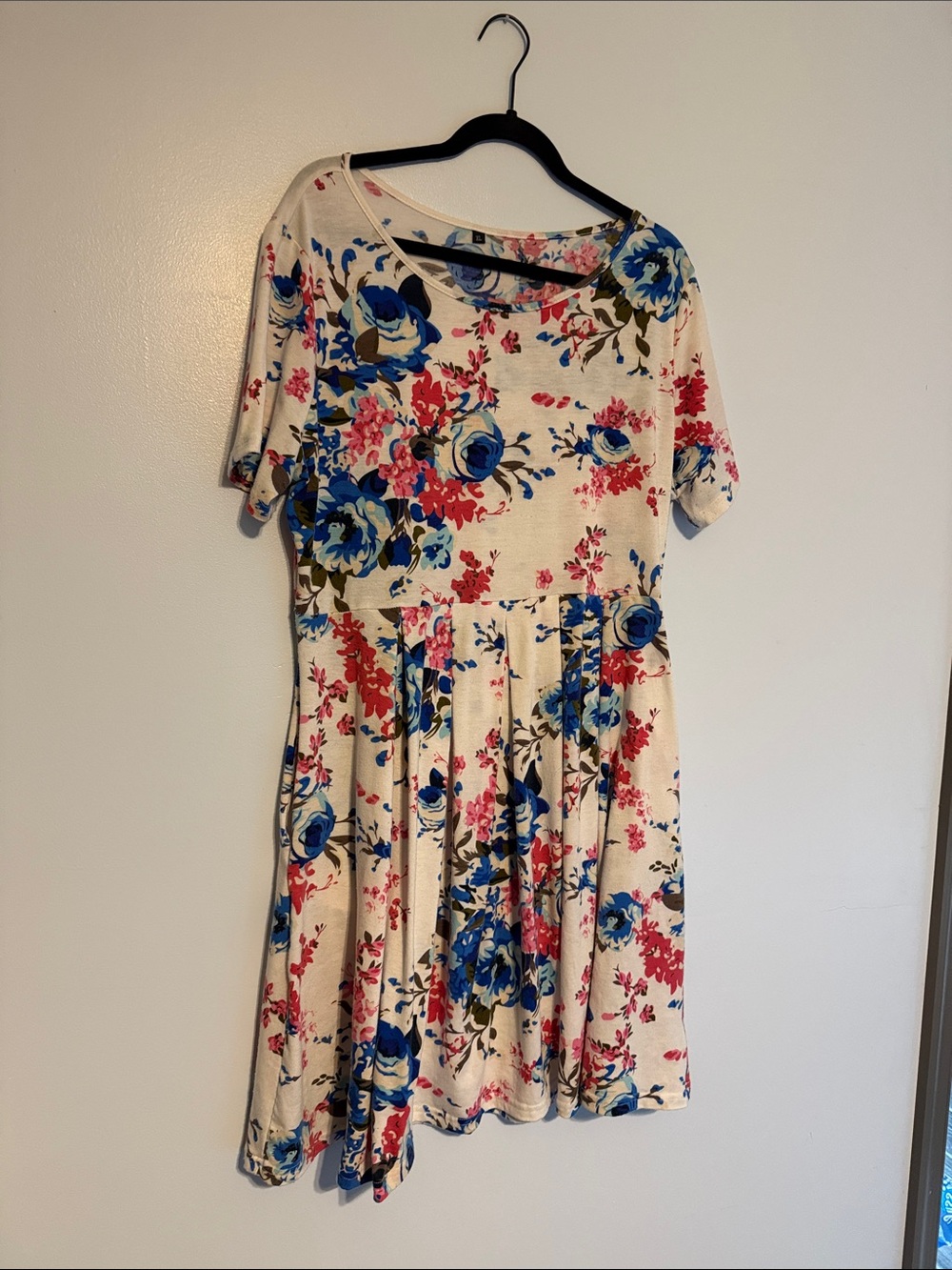Women’s Cream Floral Twirl Dress with Blue and Pink Accents